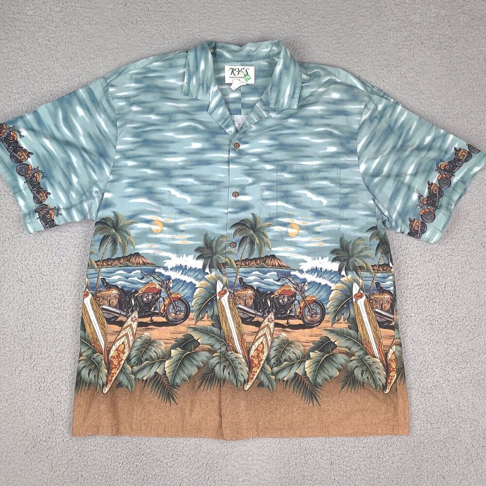 Vintage KY'S Hawaiian Shirt Mens XXL Motorcycle‎ Surf Board Made In Hawaii USA